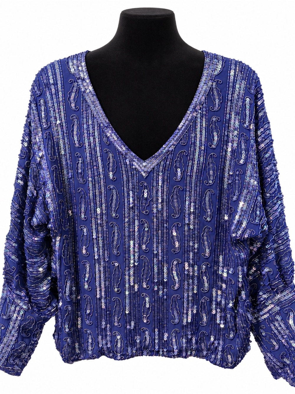 Judith Ann Creations Vintage Embellished V-Neck Sequin Sweater in Royal Blue